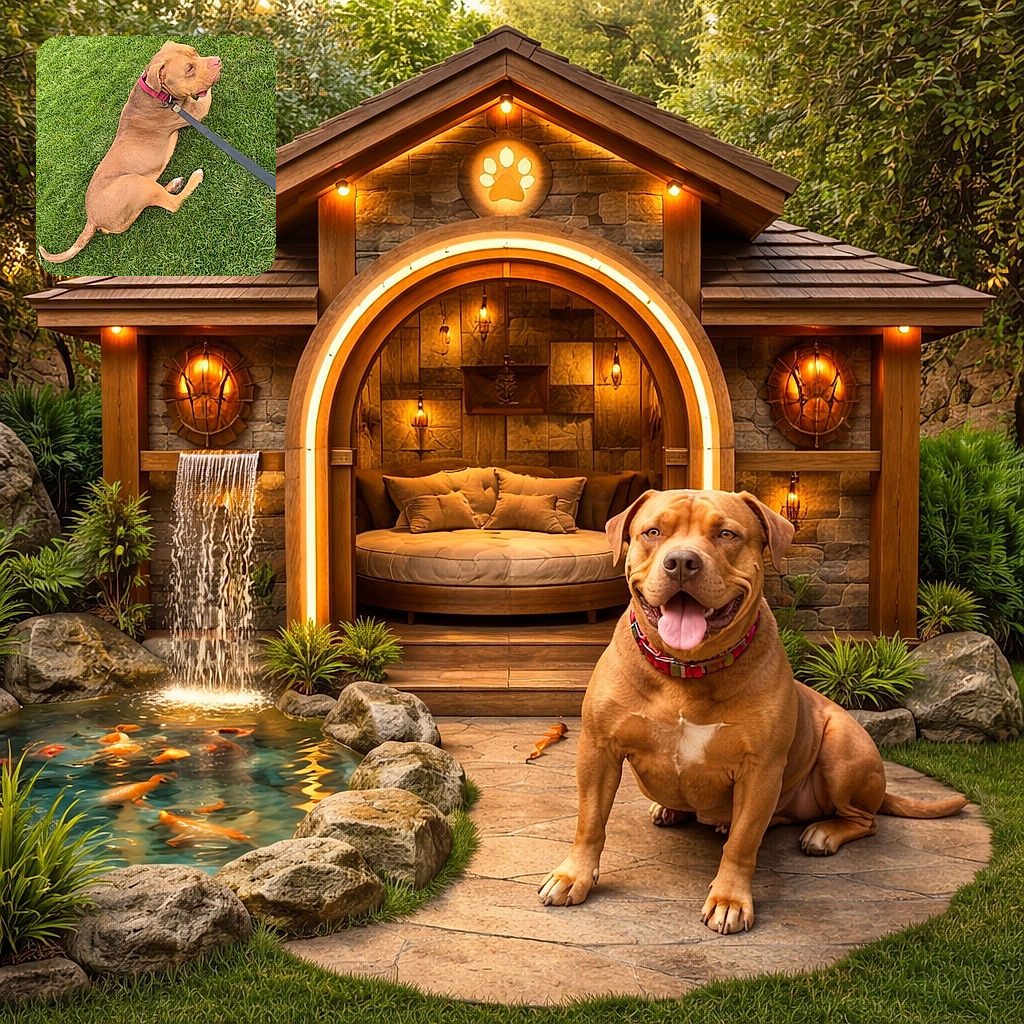 A brown dog with a pink collar is lying on a lush green lawn, looking off to the side with a relaxed expression, leash attached and ready for a walk or a chill session.