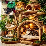 A calm tabby cat with striking green eyes lounges on a speckled floor, partially hidden behind vibrant green potted plants in red pots, creating a cozy indoor jungle vibe.