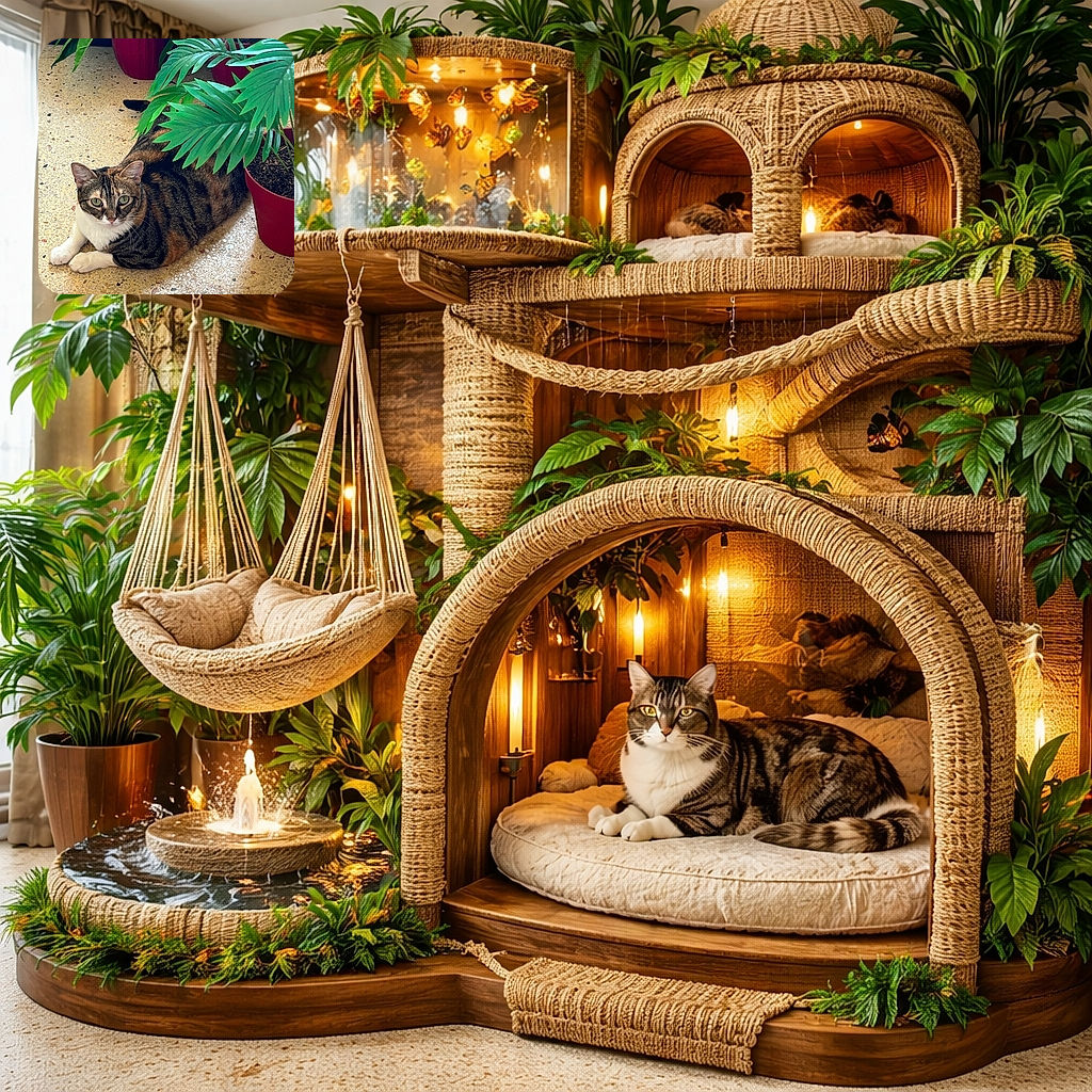 A calm tabby cat with striking green eyes lounges on a speckled floor, partially hidden behind vibrant green potted plants in red pots, creating a cozy indoor jungle vibe.