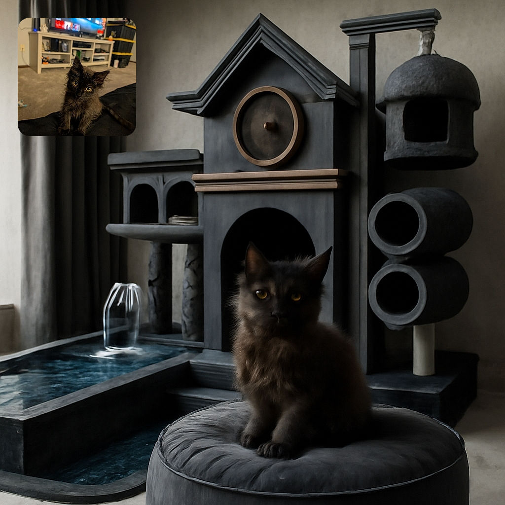 A fluffy black kitten with bright yellow eyes sits adorably on a dark surface, tilting its head curiously. The background shows a cozy living room with a TV, shelves, and some storage bins, slightly out of focus to keep the kitten as the star of the shot.