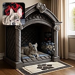 A sleepy French Bulldog lounges on a bed with a backdrop of vibrant red and black glittery roses topped by a plush black cat toy wearing a bow, creating a cozy yet dramatic scene.