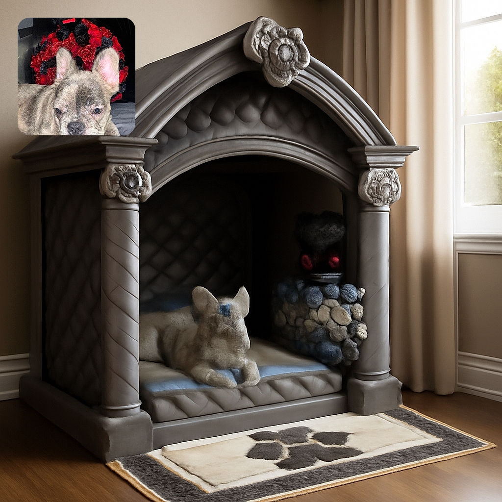 A sleepy French Bulldog lounges on a bed with a backdrop of vibrant red and black glittery roses topped by a plush black cat toy wearing a bow, creating a cozy yet dramatic scene.