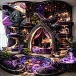 A close-up photo of a sleek black cat with striking yellow-green eyes lying comfortably on a colorful purple and pink blanket. A human arm is gently resting behind the cat, adding a cozy and affectionate vibe to the scene.