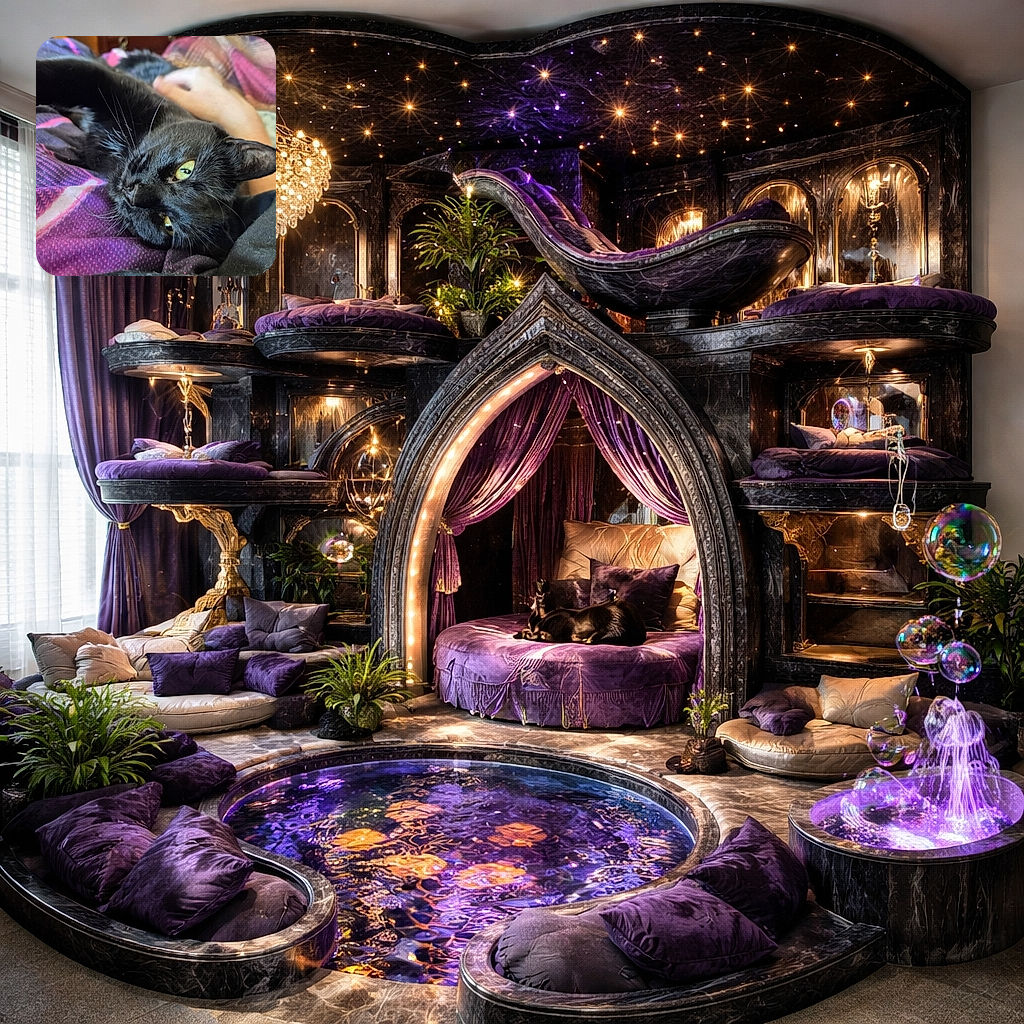 A close-up photo of a sleek black cat with striking yellow-green eyes lying comfortably on a colorful purple and pink blanket. A human arm is gently resting behind the cat, adding a cozy and affectionate vibe to the scene.