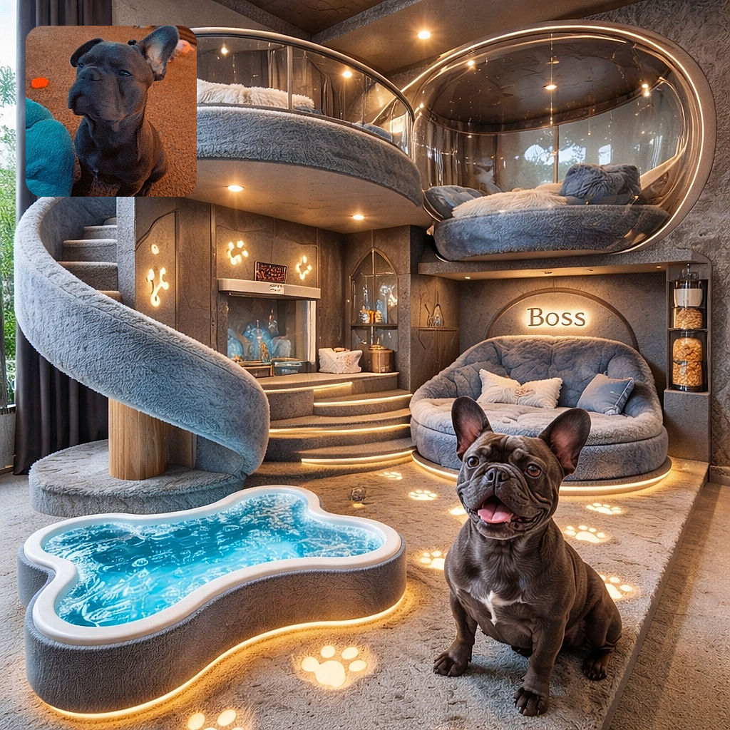 A stoic little French bulldog sits like a tiny, skeptical overlord on the carpet — one ear perked, one ear philosophizing about treats. The foreground has a plush bed and toys, while the living-room background is softly blurred and grainy, giving the whole scene cozy, cinematic nap-vibes.