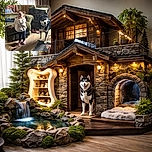 A cute toddler with pigtails and a fluffy white jacket stands next to a happy black and white husky dog inside a cozy room with wood-paneled walls. The toddler looks curious with a finger in the mouth while the dog smiles, creating a heartwarming moment of friendship and innocence.