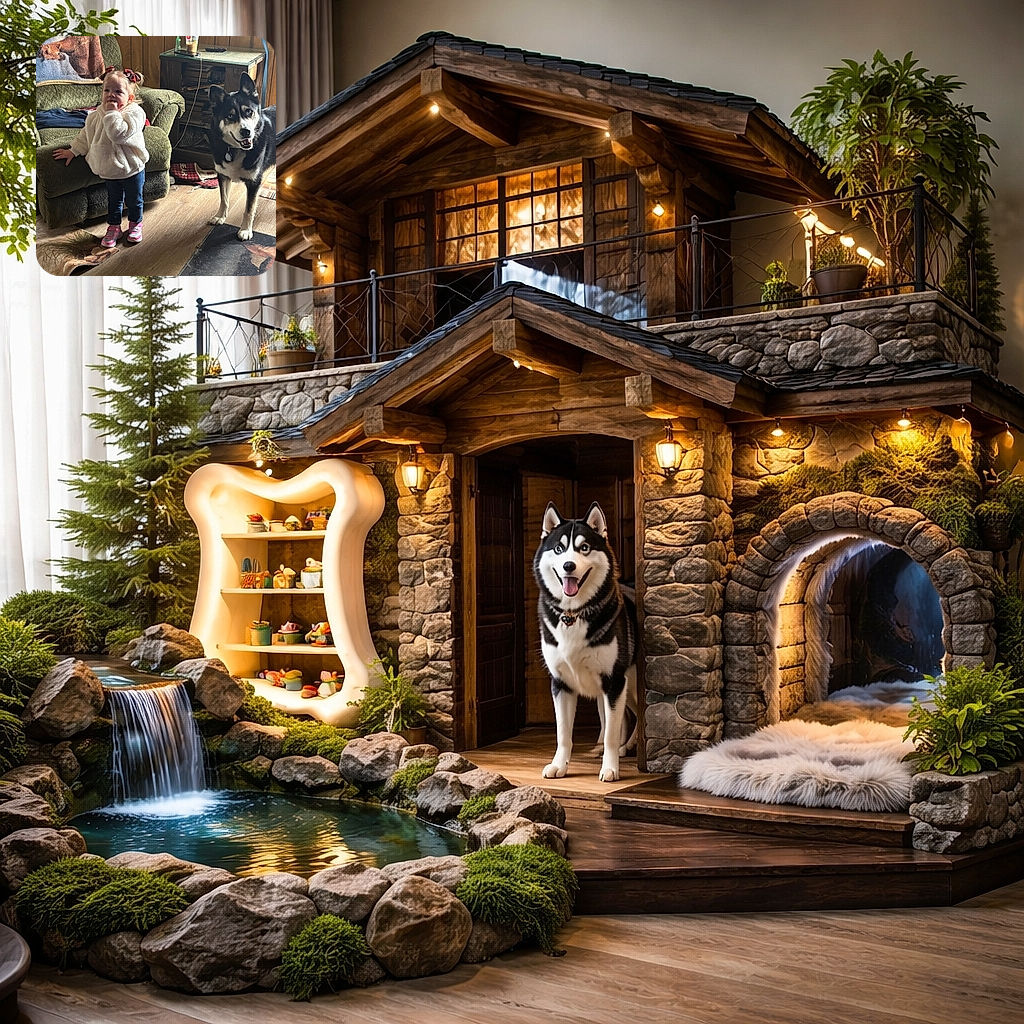 A cute toddler with pigtails and a fluffy white jacket stands next to a happy black and white husky dog inside a cozy room with wood-paneled walls. The toddler looks curious with a finger in the mouth while the dog smiles, creating a heartwarming moment of friendship and innocence.