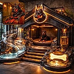 A majestic Rottweiler lounges regally on a vintage leather chair, bathed in warm ambient lighting that highlights its shiny coat and powerful build, giving off serious 'king of the castle' vibes.