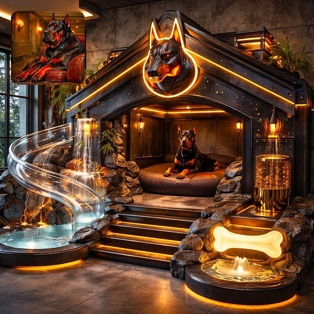 A majestic Rottweiler lounges regally on a vintage leather chair, bathed in warm ambient lighting that highlights its shiny coat and powerful build, giving off serious 'king of the castle' vibes.