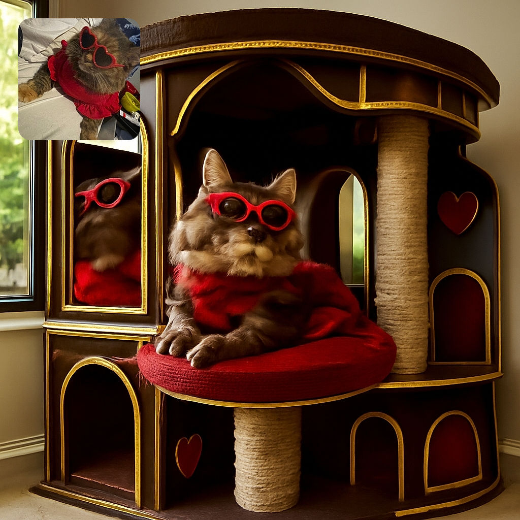 A fluffy cat rocking heart-shaped red sunglasses and a matching red dress lounges on a white surface, looking effortlessly cool while surrounded by everyday clutter including a Dr Pepper can and a bowl of snacks.