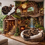 A fluffy tabby cat is curled up and napping peacefully on a white quilted blanket, with a few plush toys casually lounging in the background like a sleepy audience.
