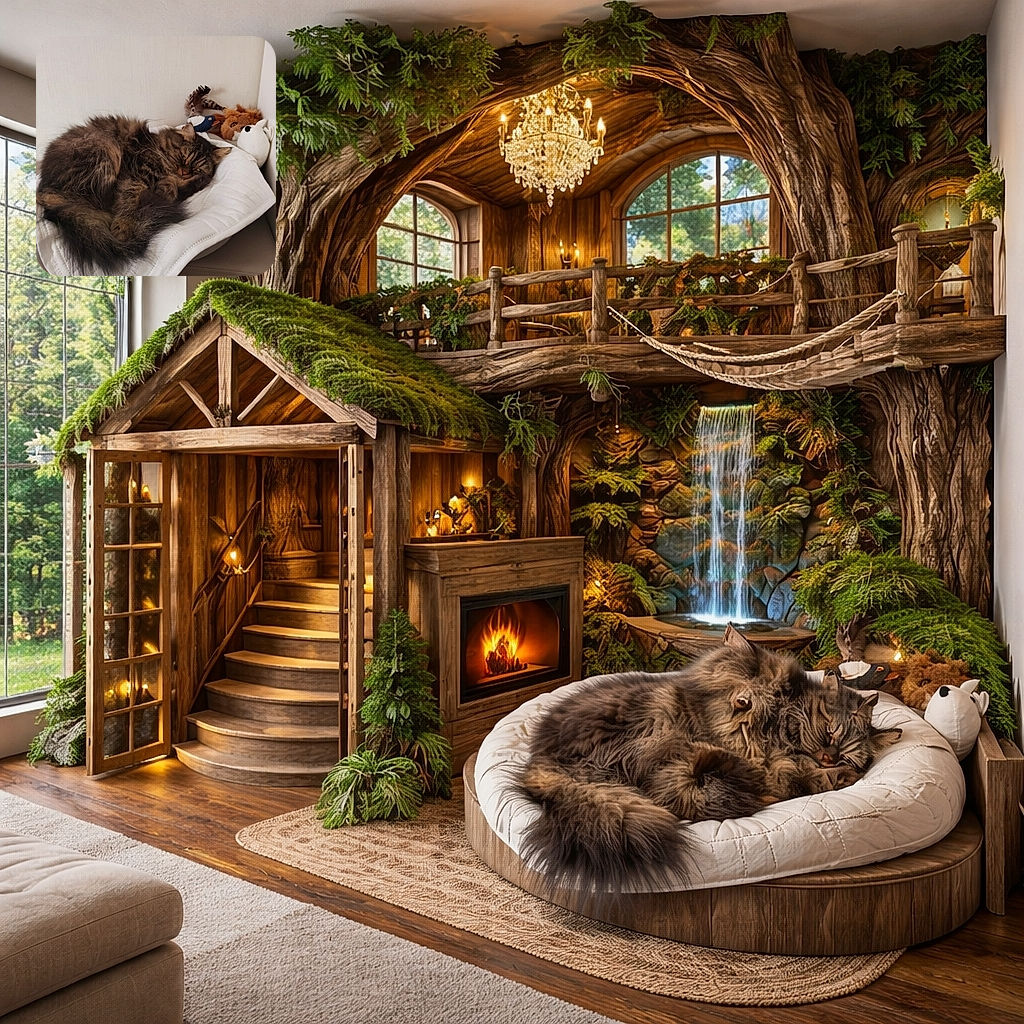 A fluffy tabby cat is curled up and napping peacefully on a white quilted blanket, with a few plush toys casually lounging in the background like a sleepy audience.