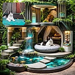 A relaxed black and white cat lounges on a worn-out teal trampoline surface, framed by the trampoline's netting and surrounded by a concrete wall and some greenery. The cat looks calm and slightly sleepy, with a charming black spot on its nose that adds character.