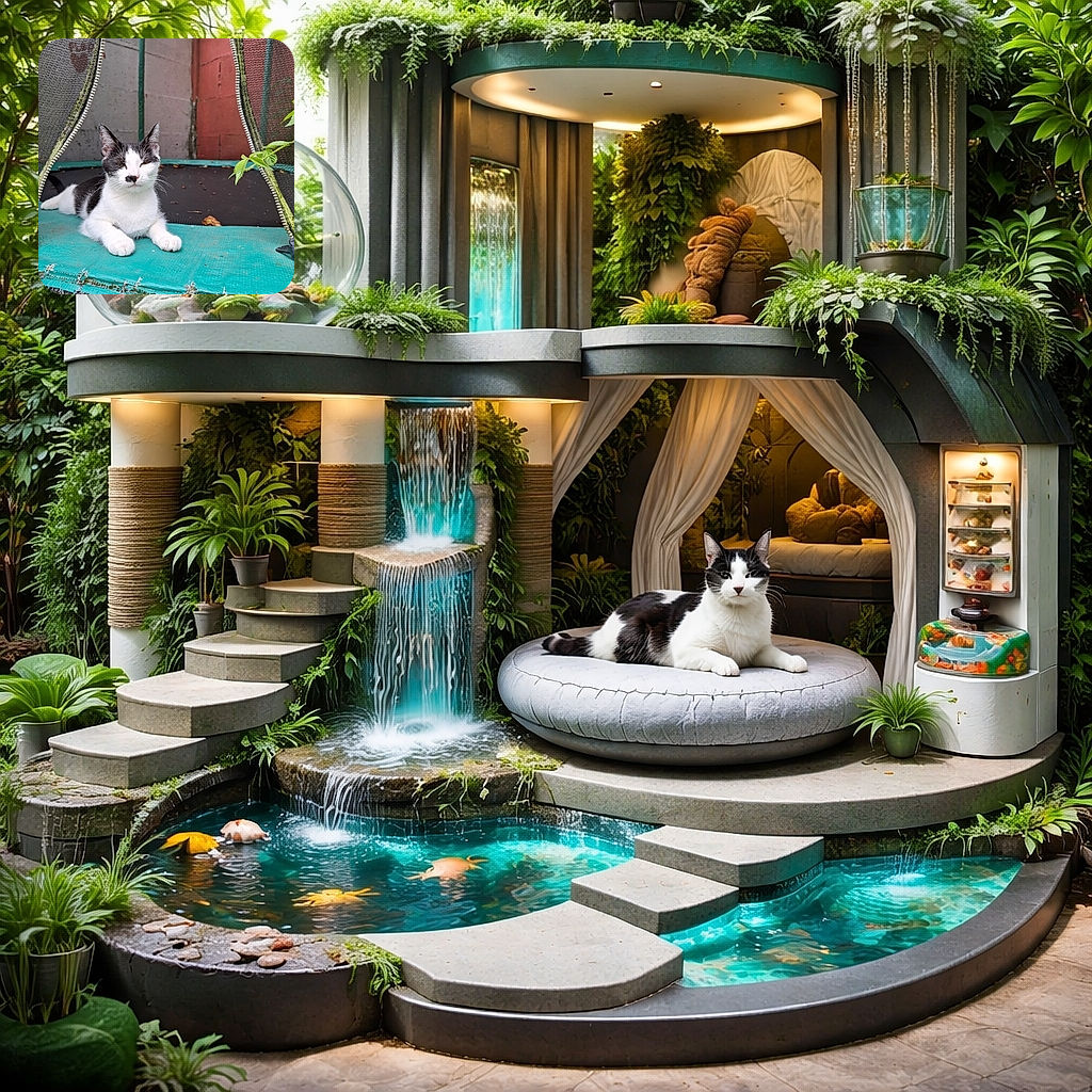 A relaxed black and white cat lounges on a worn-out teal trampoline surface, framed by the trampoline's netting and surrounded by a concrete wall and some greenery. The cat looks calm and slightly sleepy, with a charming black spot on its nose that adds character.