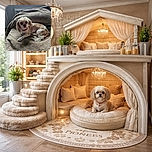 A small, fluffy dog with a charming orange collar lounges comfortably on a textured beige blanket, looking curiously at the camera. The cozy indoor setting is softly lit by natural light from a nearby window, highlighting the dog's gentle expression and soft fur.