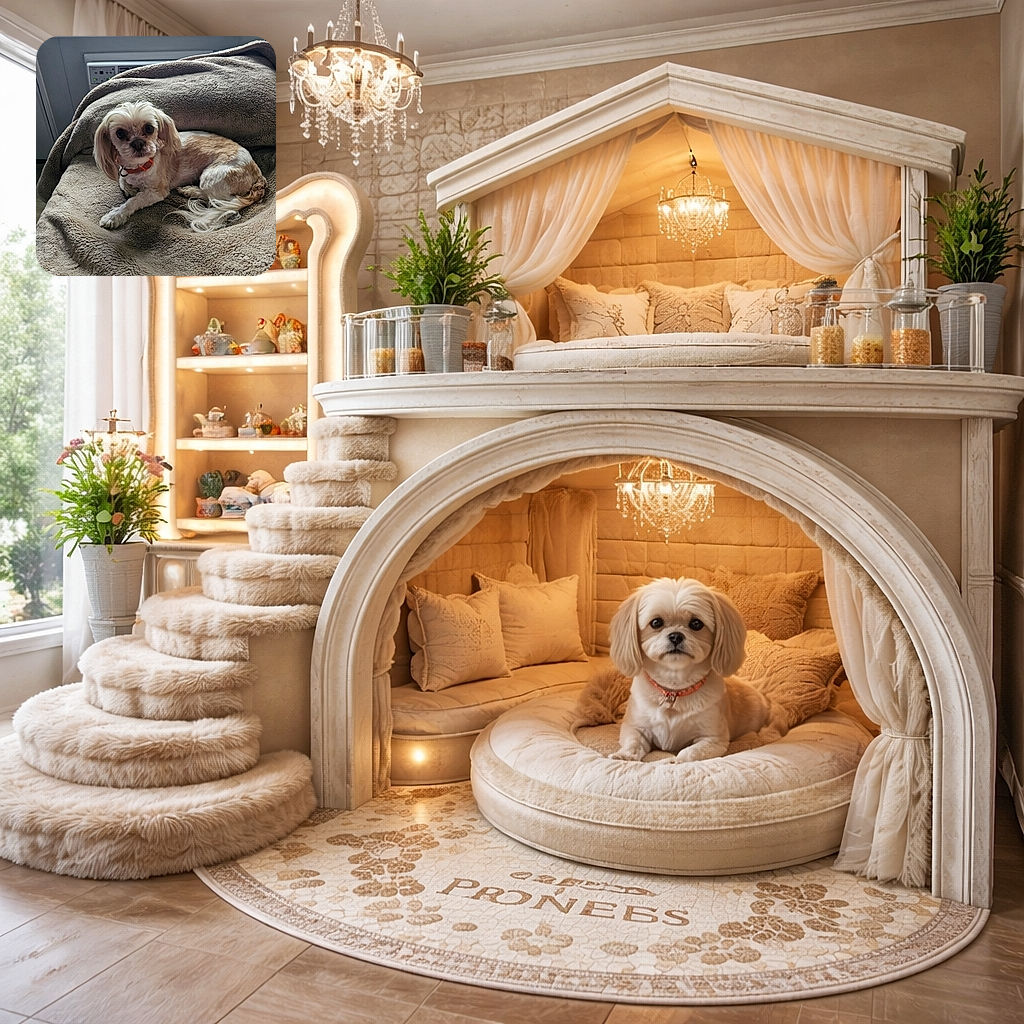 A small, fluffy dog with a charming orange collar lounges comfortably on a textured beige blanket, looking curiously at the camera. The cozy indoor setting is softly lit by natural light from a nearby window, highlighting the dog's gentle expression and soft fur.