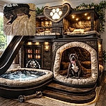 A playful black dog with white paws is lying on a beige blanket on a bed, chewing on a toy or bone. The room has a cozy vibe with a black shirt or cloth nearby and a plain blue wall in the background.