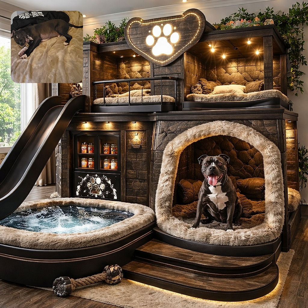 A playful black dog with white paws is lying on a beige blanket on a bed, chewing on a toy or bone. The room has a cozy vibe with a black shirt or cloth nearby and a plain blue wall in the background.