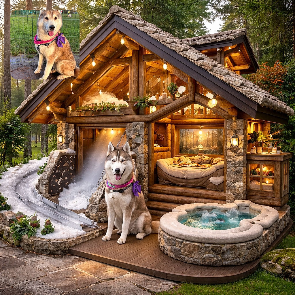 A joyful husky sitting proudly with a purple bow and pink bandana, tongue out and muddy paws showing it just finished an adventure in the park—stoic ears, fluffy fur, and a face that clearly expects treats.