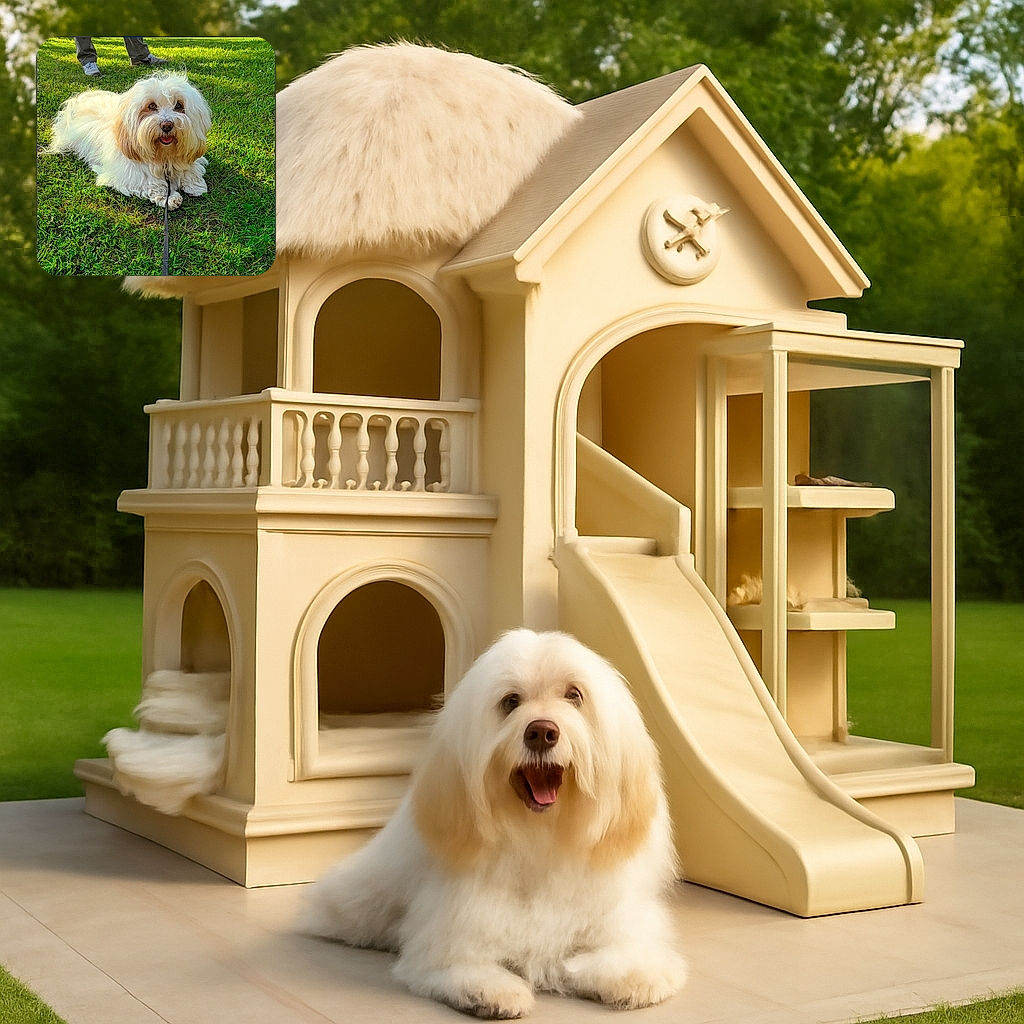 A fluffy, cream-colored dog with a slightly tousled coat lies contentedly on lush green grass, leash attached and tongue peeking out as if smiling, while a person's legs and shoes stand casually in the background, adding a relaxed outdoor vibe.