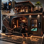 A handsome black-and-tan dog lounges majestically on a pile of blankets, staring into the camera like the furry landlord inspecting his kingdom. A tempting chew toy sits nearby, while the warm indoor lighting and reflective doorway add a cozy dramatic backdrop.