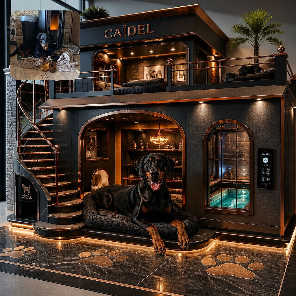 A handsome black-and-tan dog lounges majestically on a pile of blankets, staring into the camera like the furry landlord inspecting his kingdom. A tempting chew toy sits nearby, while the warm indoor lighting and reflective doorway add a cozy dramatic backdrop.