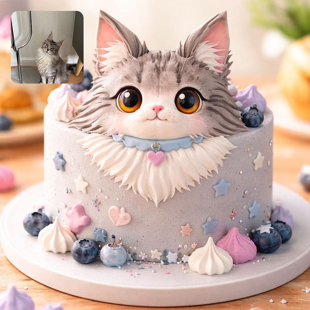 A fluffy, curious cat with big amber eyes sits attentively on a wooden floor next to a shiny metal stand and a piece of modern furniture, tilting its head slightly as if pondering the mysteries of life.