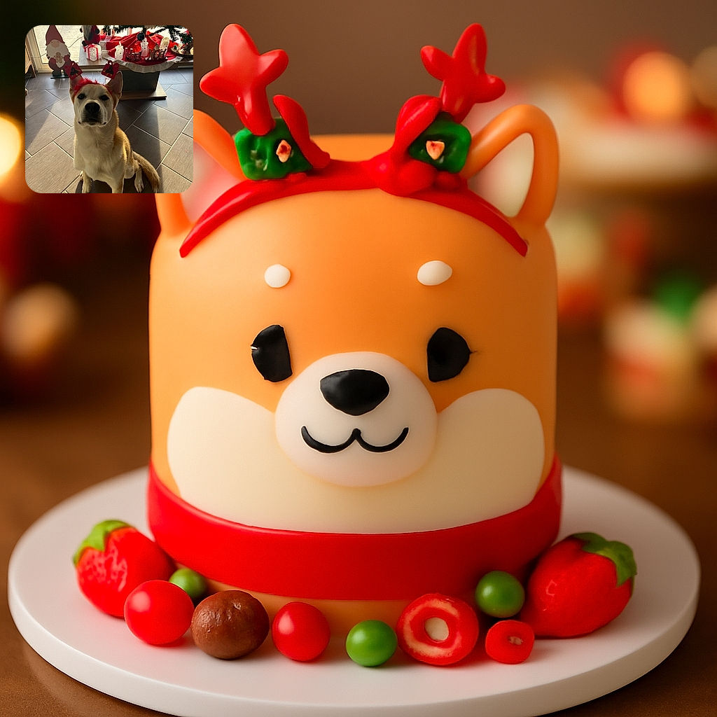 A festive dog wearing a cute red headband with gift decorations sits attentively on a tiled floor near a Christmas tree adorned with lights and ornaments. The background features holiday decorations including a Santa figure and glowing presents, creating a warm and cozy holiday atmosphere.