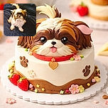 A fluffy little dog with a mix of white, brown, and black fur sits on a dark blue fabric surface, looking curiously at the camera with its tail playfully curled up.