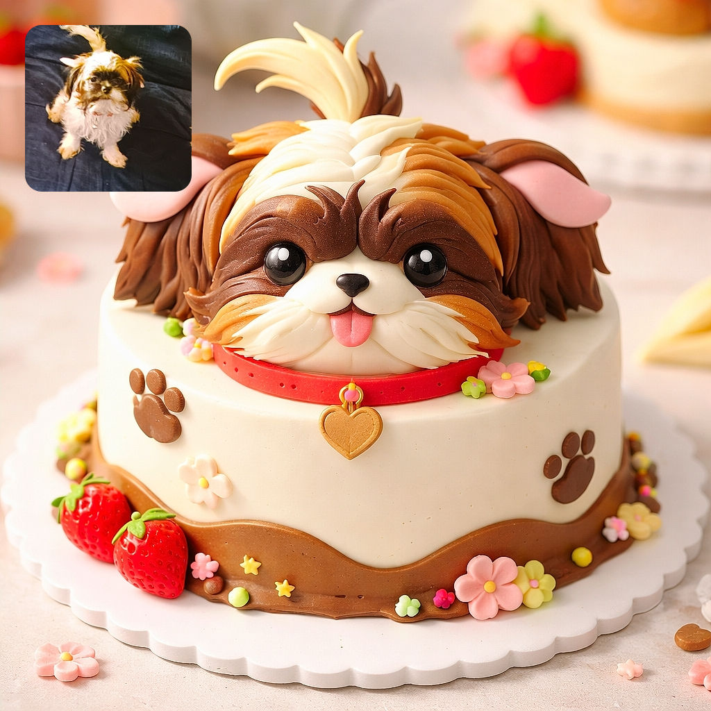 A fluffy little dog with a mix of white, brown, and black fur sits on a dark blue fabric surface, looking curiously at the camera with its tail playfully curled up.