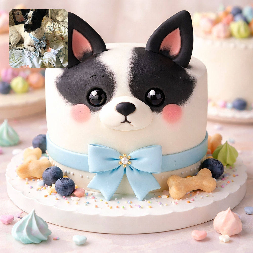 A dapper little pup lounges on a floral duvet wearing a sky-blue bow like royalty — ears at attention, eyes plotting treats, and the kind of pose that demands belly rubs and applause.