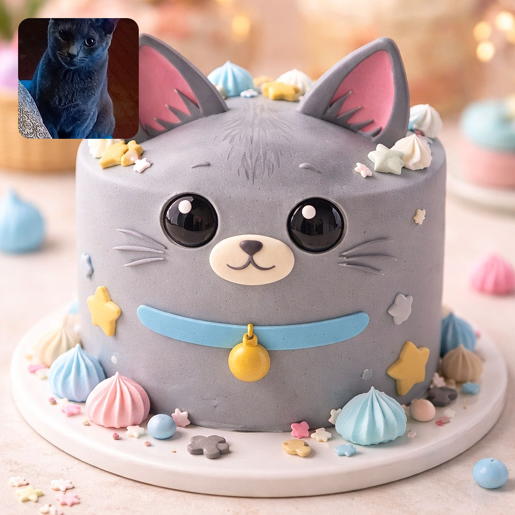 A mysterious gray cat with a slightly inquisitive expression sits poised on a blue surface, half-hidden behind a patterned cushion, with soft lighting casting subtle shadows that add to its enigmatic charm.