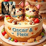 Two striped tabby cats sitting side by side on a cushioned surface with a curtain backdrop, with the playful text 'Oscar & Fleix' above them, looking like they are ready for their close-up or a cat conference meeting.
