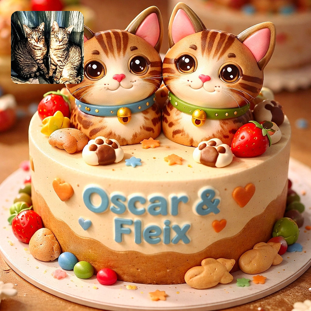 Two striped tabby cats sitting side by side on a cushioned surface with a curtain backdrop, with the playful text 'Oscar & Fleix' above them, looking like they are ready for their close-up or a cat conference meeting.