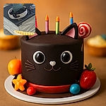 A sneaky black cat curled up comfortably inside a woven basket on a black tabletop, surrounded by decorative items including a blue vase, a yellow candle, and a hand sanitizer bottle. The cozy living room setting includes a yellow and white pillow in the foreground and a patterned carpet below.