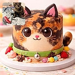 A curious tortoiseshell cat perches on a cozy blanket, bell on its collar jangling like a tiny award, eyeing the camera while a smiling plush bacon toy lounges in the foreground. The bedroom background is softly out of focus, making the cat's whiskers and wide eyes steal the show.