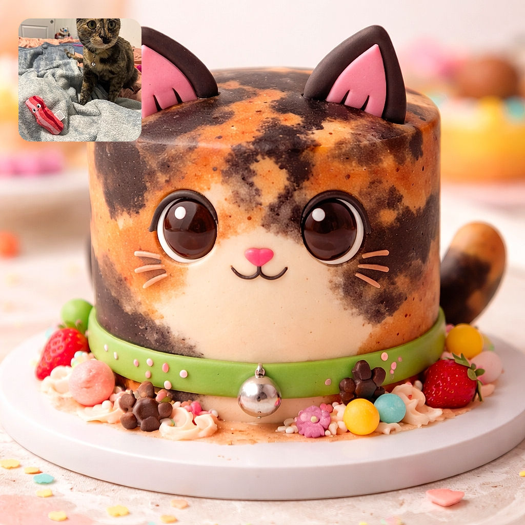 A curious tortoiseshell cat perches on a cozy blanket, bell on its collar jangling like a tiny award, eyeing the camera while a smiling plush bacon toy lounges in the foreground. The bedroom background is softly out of focus, making the cat's whiskers and wide eyes steal the show.