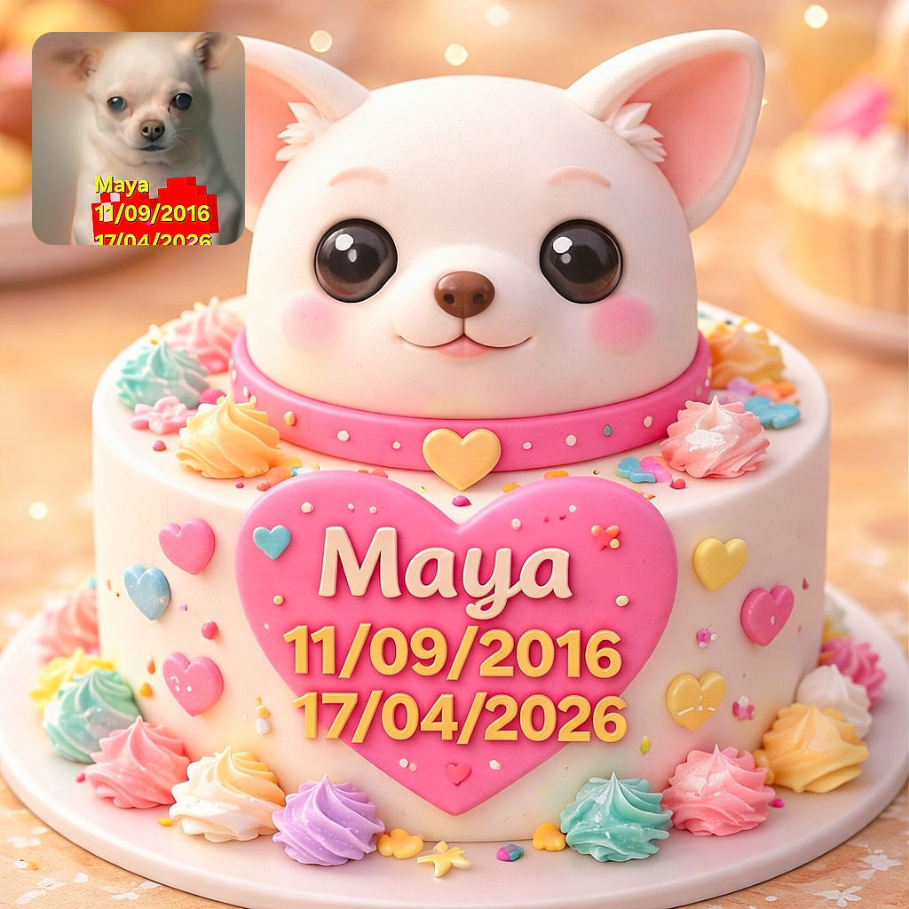 A blurry, softly lit image of a small dog, possibly a Chihuahua, with large eyes gazing forward. The photo has a large, colorful text overlay in bright yellow and red that covers the lower part of the dog, including dates and a name, making it look like a memorial or announcement.