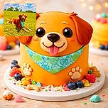 A cheerful golden retriever lounges on a sunny green field wearing a colorful blue-green bandana, tongue out and eyes bright under a vibrant blue sky dotted with fluffy white clouds.
