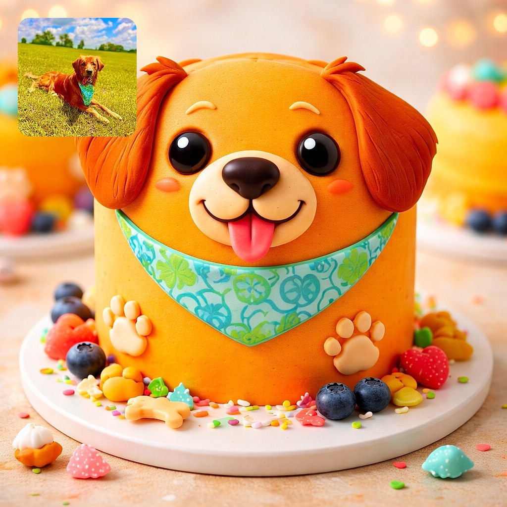 A cheerful golden retriever lounges on a sunny green field wearing a colorful blue-green bandana, tongue out and eyes bright under a vibrant blue sky dotted with fluffy white clouds.