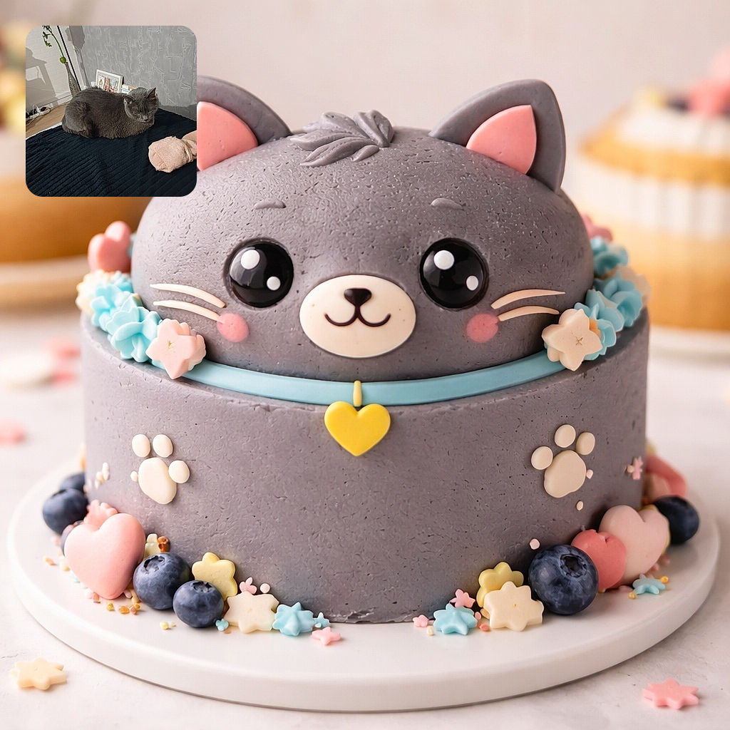 A grey cat loafs like a plush potato on a dark quilt, giving the world a very unimpressed stare. Behind it, a framed photo, a tall vase with a single stem, and a textured wall provide cozy domestic drama while a pink sock naps nearby.