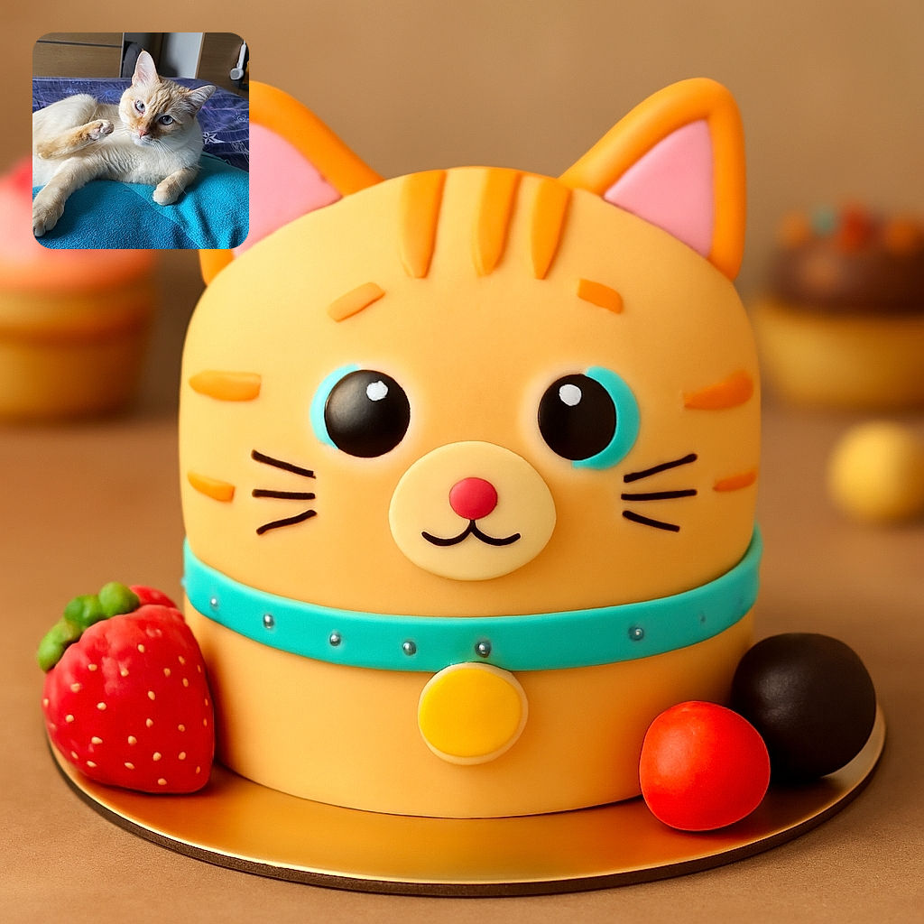 A charming light cream and orange cat with striking blue eyes lounges comfortably on a blue pillow atop a purple bedspread adorned with star patterns, gazing curiously at the camera with one paw playfully raised.