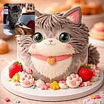 A fluffy cat sits curiously on a kitchen counter surrounded by freshly baked baguettes and a red mesh bag of produce, with a cozy kitchen backdrop featuring wooden cabinets and a large clock.