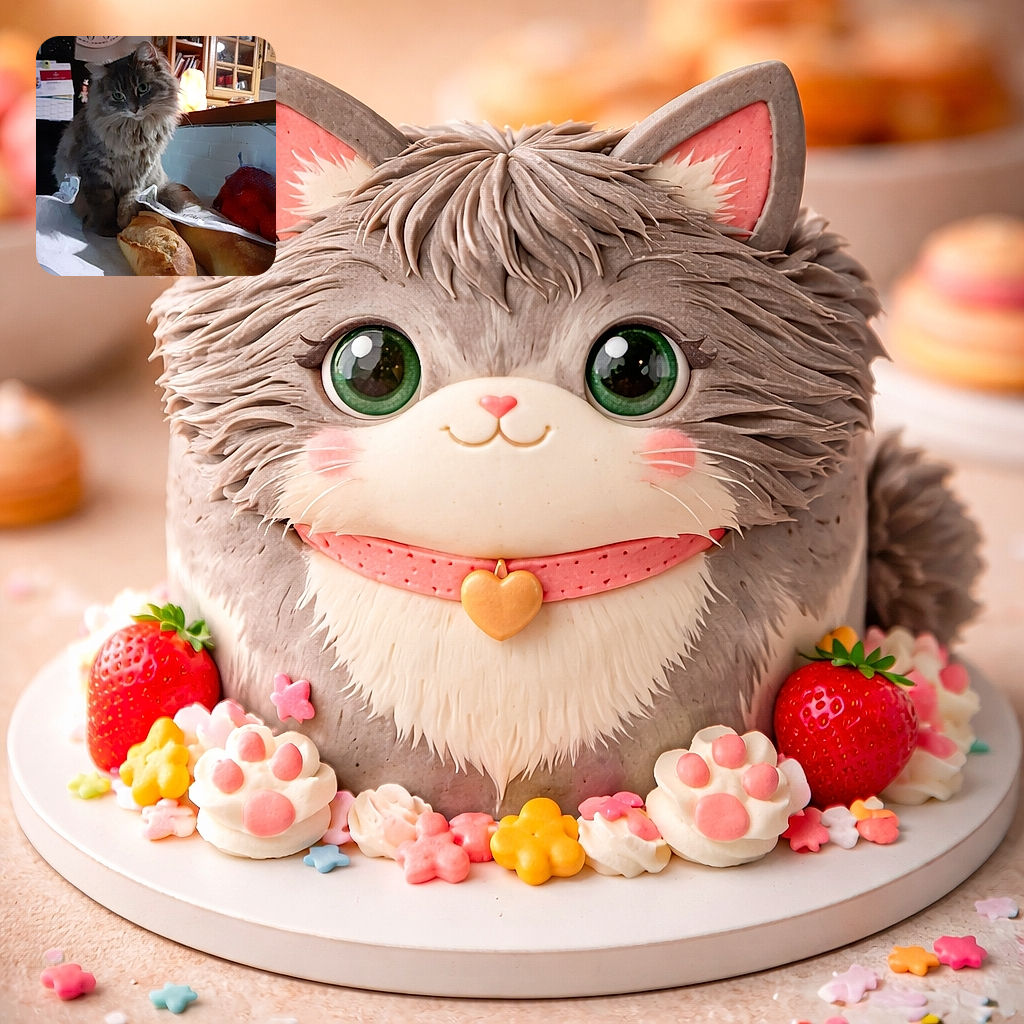 A fluffy cat sits curiously on a kitchen counter surrounded by freshly baked baguettes and a red mesh bag of produce, with a cozy kitchen backdrop featuring wooden cabinets and a large clock.
