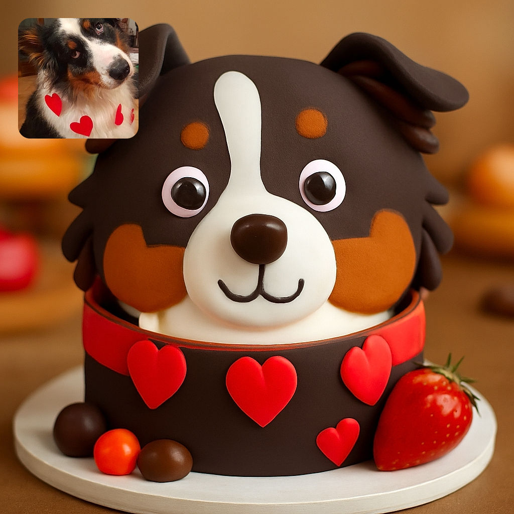 A fluffy dog with a soulful gaze, adorned with red paper hearts on its chest, tilts its head in a charming and adorable manner, creating a heartwarming and lovable scene indoors.