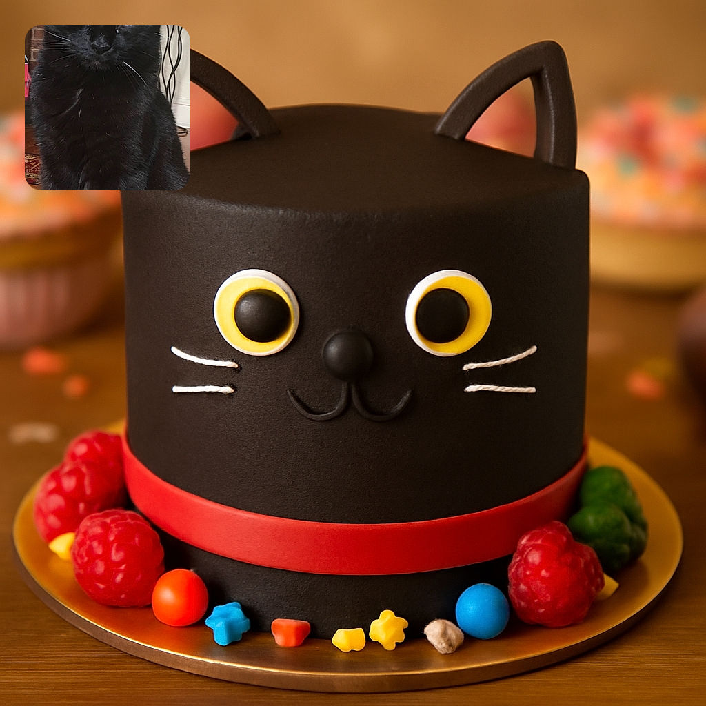 A sleek black cat sits upright on a wooden floor, staring with a calm yet intense gaze. The background features a brick wall and a decorative candle holder, adding a cozy indoor vibe.
