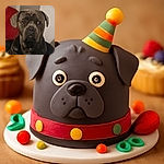 A serious-looking dog, possibly a Cane Corso or similar breed, gazes intently at the camera with soulful eyes. The background features a red cushion and neutral walls, giving a cozy indoor vibe. The photo is slightly soft in focus but captures the dog's expressive face well.