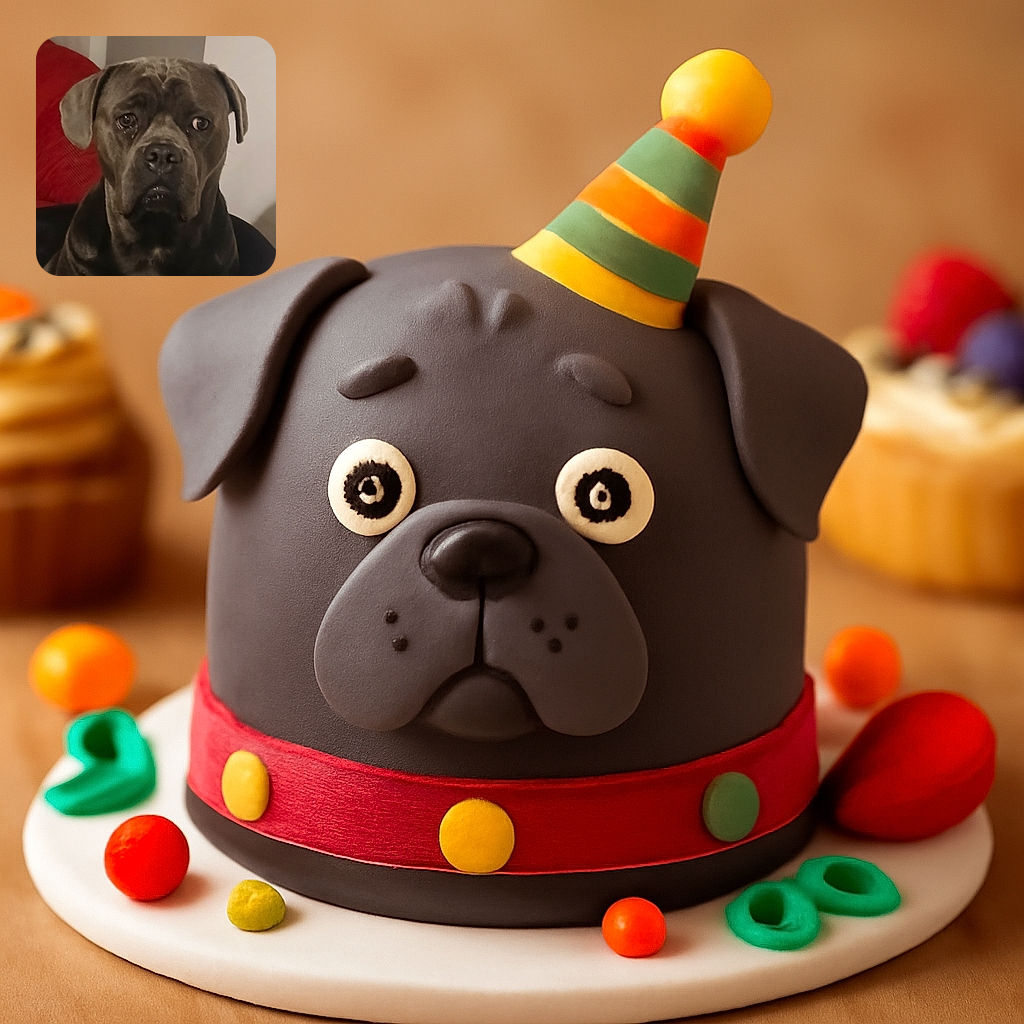 A serious-looking dog, possibly a Cane Corso or similar breed, gazes intently at the camera with soulful eyes. The background features a red cushion and neutral walls, giving a cozy indoor vibe. The photo is slightly soft in focus but captures the dog's expressive face well.