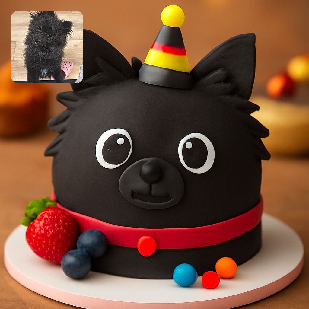 A fluffy black dog with bright, curious eyes tilts its head adorably while standing on a soft rug, with a pink slipper and a sock-covered foot nearby, creating a cozy and playful scene.