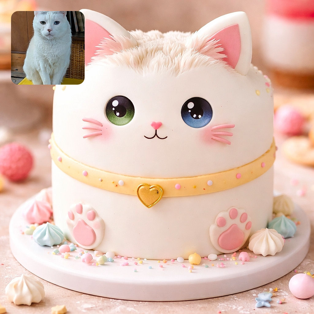 A dignified white cat with striking heterochromia stares straight at the camera like it's judging your life choices — one blue eye, one green, perfectly groomed fur, sitting primly on a yellow surface with wicker and wooden panels behind it.